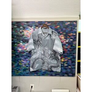 Men's Dragon Print Button Up Shirt Short Sleeve Gray size L chite